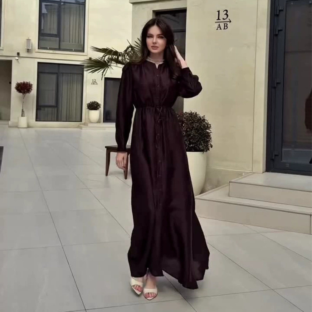 Forever 21 Elegant Dark Brown Long-Sleeve Self Tie Waist Dress